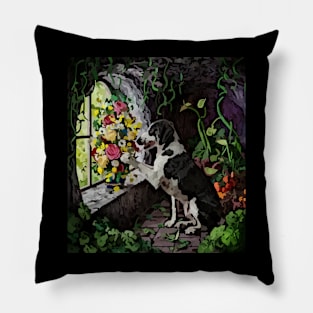 watercolor dog with garden and mixed flowers Pillow