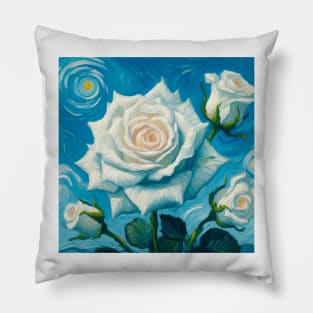 White Rose Painting Blue Background Van Gogh Style Painting Digital Art Pillow