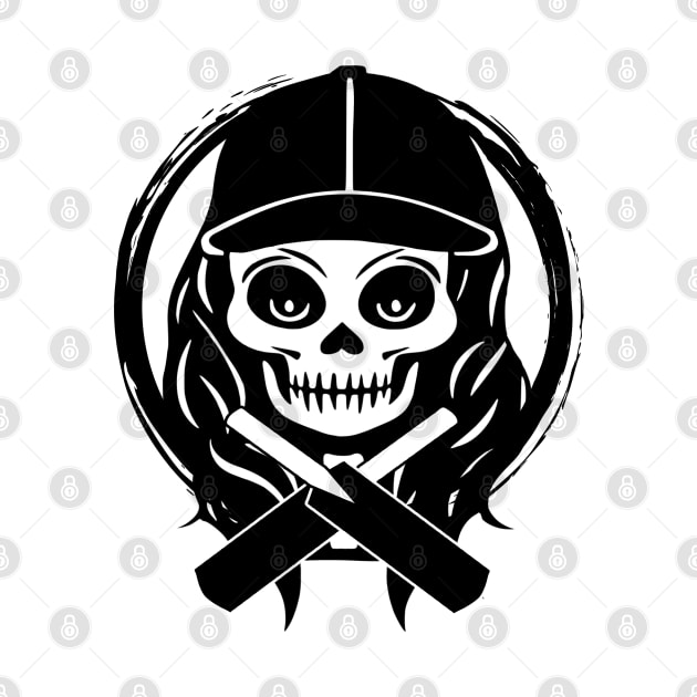 Female Cricketer Skull and Cricket Bats Black Logo by Nuletto