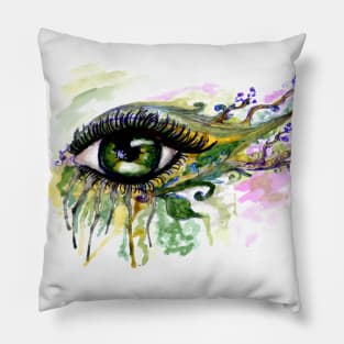 Green eye with blooming branches Pillow