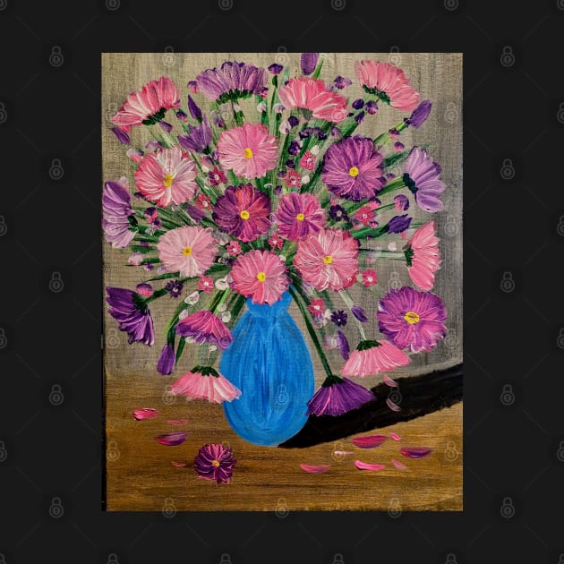 Vibrant pink and purple flowers bloom tall in a striking blue vase, adorned with touches of metallic paint for an extra shimmer by kkartwork