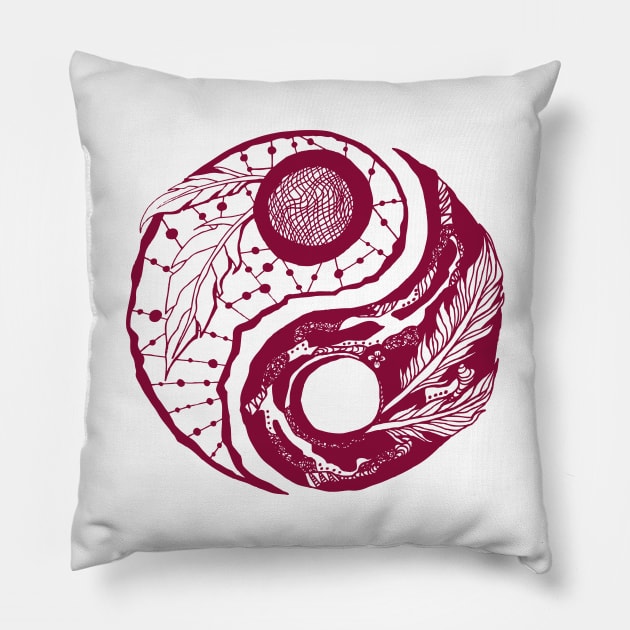 Burgundy Feathers Yin Yang Pillow by kenallouis