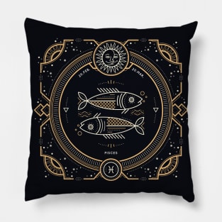 Pisces Zodiac Gold White with Black Background Pillow