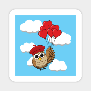 Cute Owl Flying with Heart Balloons in Blue Sky Magnet