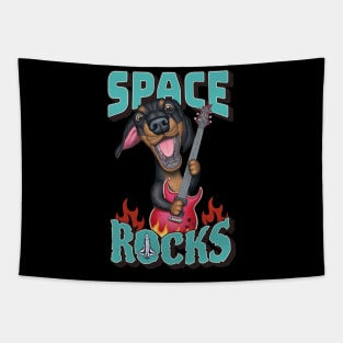 Fun Doxie Dog with guitar on a Dachshund Space Rocks tee Tapestry