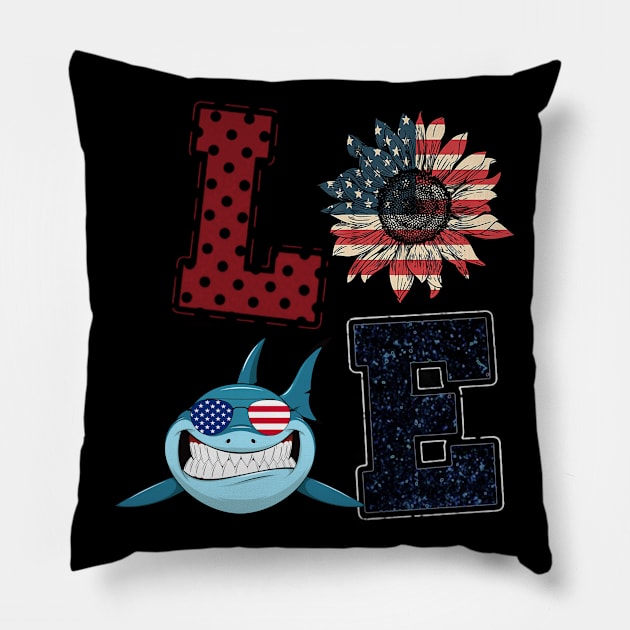 4th Of July Love Shark And Sunflower American Flag Happy Independence Day Pillow by Magazine