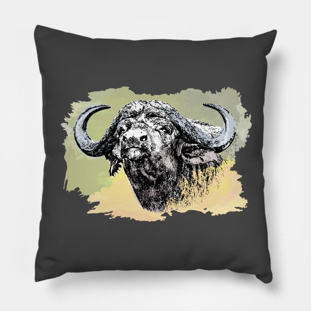 African Buffalo Bull Watercolor Painting for Buffalo Fans Pillow by scotch