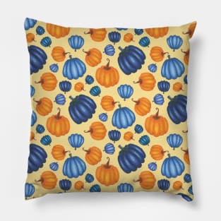 Pretty Blue & Orange Pumpkin Pattern on a Yellow Background Pillow