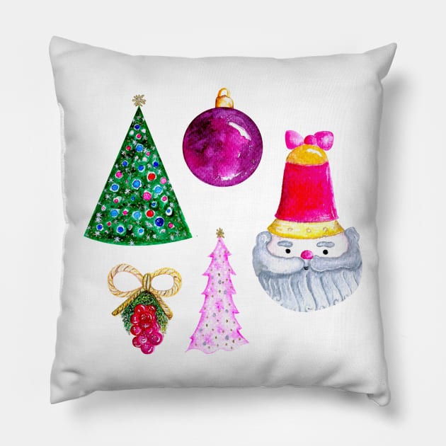 Santa Claus Ornaments and Christmas Trees Pillow by Neginmf