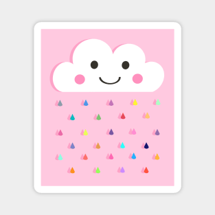 Rainbow Raindrops, Happy Rain Cloud, on Pink Magnet