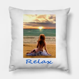 Woman girl seated on beach looking at sunset zen yoga buddhism Pillow