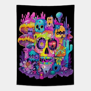 Neon occult Halloween, day of the dead, skull design. Tapestry