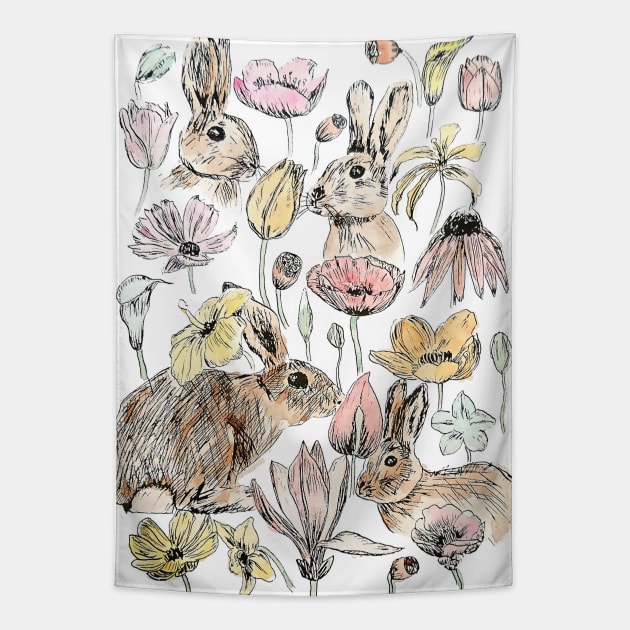 rabbit and flowers ink and watercolor Tapestry by colorandcolor