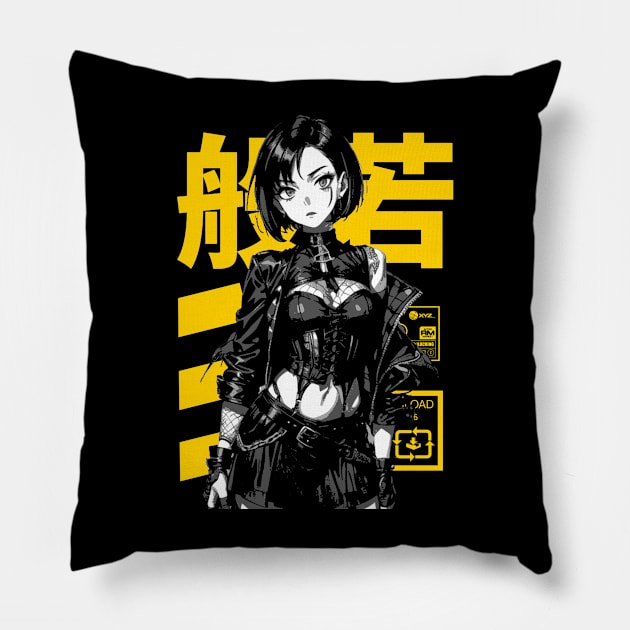 Cyberpunk Anime Girl Goth Japanese Streetwear Pillow by Neon Bang Bang