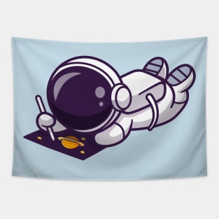 Cute Astronaut Drawing Planet On Paper Cartoon Tapestry