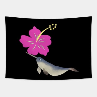 Narwhal Hawaiian Hibiscus Candy Pink Flower Tapestry