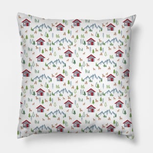 Winter Night Deer Forest Cabin Pattern Art II Pillow