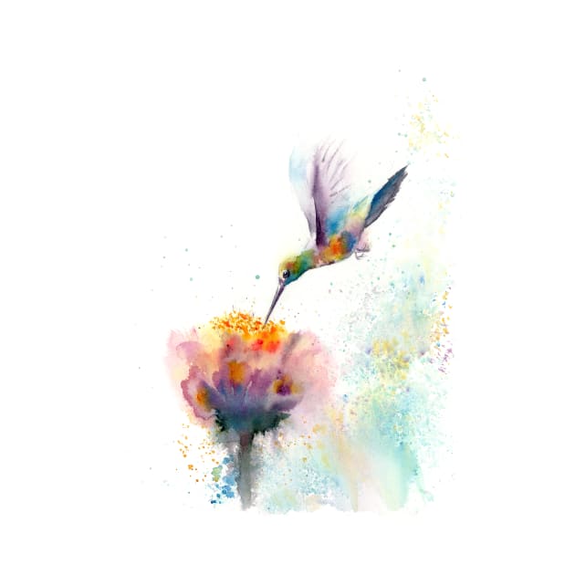 Watercolor Hummingbird with flower by PaintsPassion