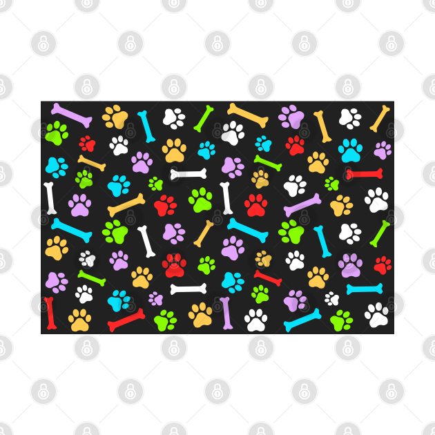 Colorful Dog Paw & Bones Seamless Pattern on Black Background by DesignWood Atelier