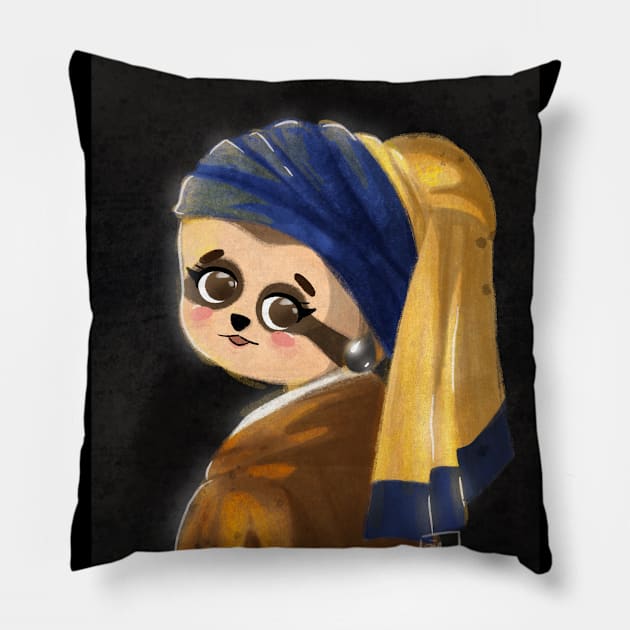 Sloth with a pearl earing Pillow by byjilooo