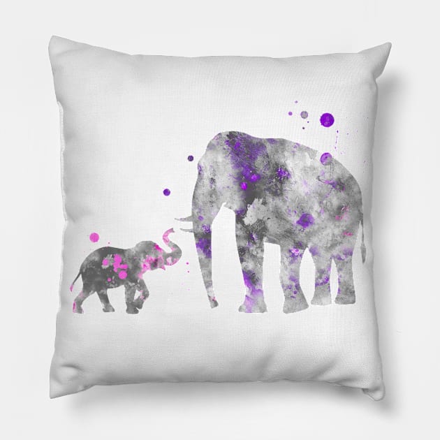 Mom and Baby Elephant Watercolor Painting Lilac Pink Pillow by Miao Miao Design