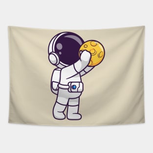 Cute Astronaut Holding Moon Cartoon Tapestry