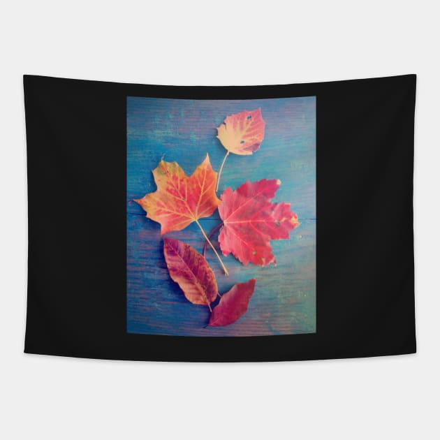 Autumn Leaves on Blue Vintage Table 2 Tapestry by oliviastclaire