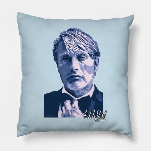 Mads Mikkelsen Signed Portrait 1 Pillow by Nonesz Workshop