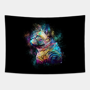 Colorful cute watercolor cat, tattoo, rainbow color, colored, psychedelic Tapestry