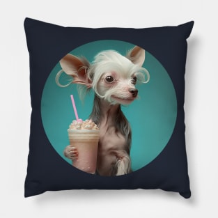 Cute Kawaii Chinese Crested Drinking Bubble Tea - Adorable Dog Lover's Design for Tea Enthusiasts Pillow