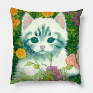 Adorable white kitty cat surrounded with flowers Pillow