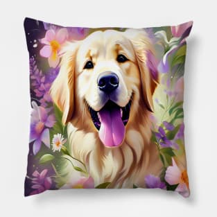 Cute Golden Retriever Surrounded by Beautiful Flowers Pillow