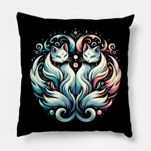 Mystical Twin Nekomata - Cosmic Feline Elegance Pillow