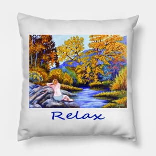 Woman girl on rocks relaxing watching the river flow zen yoga buddhism Pillow