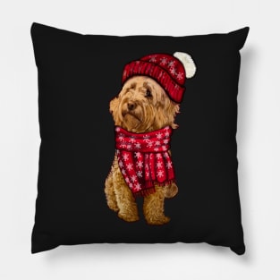 Cavapoo Cavoodle in festive red winter hat and scarf- cute cavalier king charles spaniel snug in a snowflake themed scarf Pillow