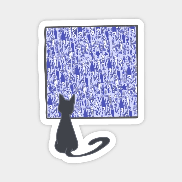 Mr.Black Cat and the school of blue fish Magnet by Ashitaa