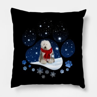 Snow Paw Old English Sheepdog Christmas Winter Holiday Pillow