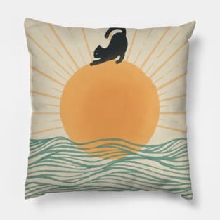 Yoga Cat on Sunrise ocean wave Pillow