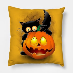 Cat Funny Halloween Cartoon Character biting a Pumpkin Pillow