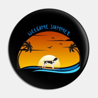 Welcome Summer with Britanny Spaniel Dog on Surf and Summer Landscape with Palm, Sunset Sky and Sea Pin