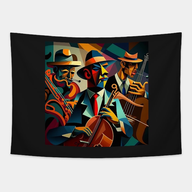 Abstract Art - men playing JAZZ Tapestry by Buff Geeks Art