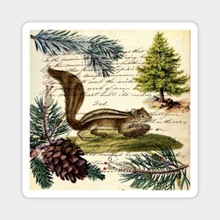 Cottagecore winter evergreen pine cone chipmunk nut house squirrel Magnet