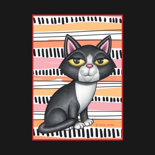 Cute black and white kitty with piano keys in background T-Shirt