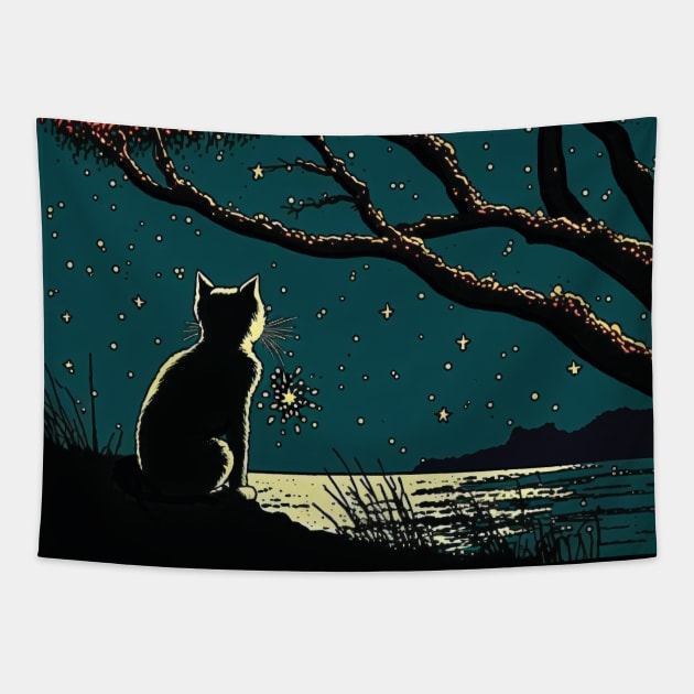 Black Cat Sitting by a Lake on a Starry Night Tapestry by Geminiartstudio