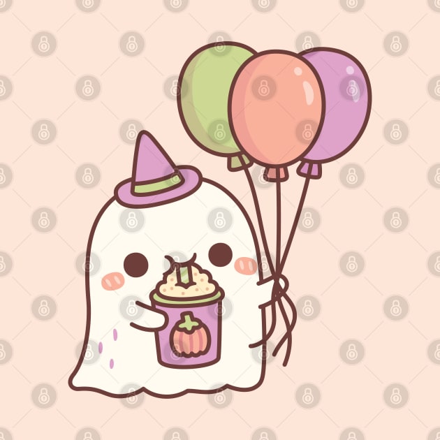 Cute Ghost With Balloons Drinking Pumpkin Spice Latte by rustydoodle