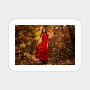 Woman in red dress in the oak forest, full body Magnet