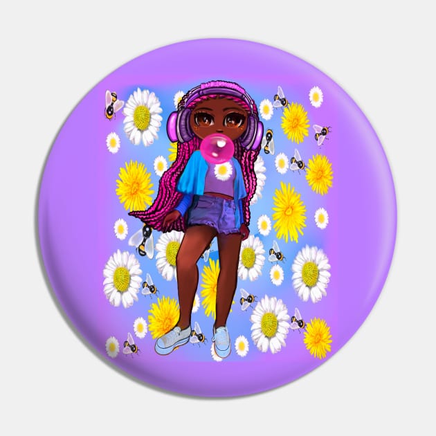 Beautiful Brown skin African American girl with Afro hair in 4 puffs blowing bubblegum and wearing headphones listening to music. Black girls rock, black girl magic,melanin poppin queen anime girl drawn in manga style Pin by Artonmytee