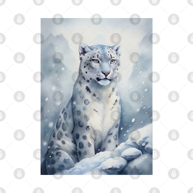 A Proud Snow Leopard Went Hunting, in the Snowy forest, Hight Mountains, Snow Falling, Winter Landscape, Wildlife White Panthera, Watercolor Realistic Illustration, Art, Portrait, Poster, Shirt, Christmas Holiday, Birthday gifts, Hunting lover by sofiartmedia