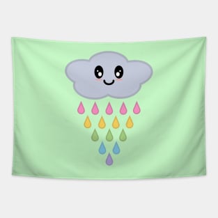 Kawaii Cute Raining Rainbow Rain Cloud in Green Tapestry