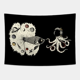 Octopus meets cosmos fighting fish in space Tapestry